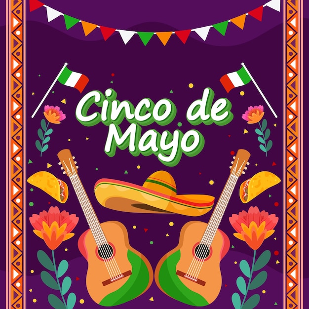 Vacanza Cinco De Mayo piatta con sfondo chitarra elemento particellare