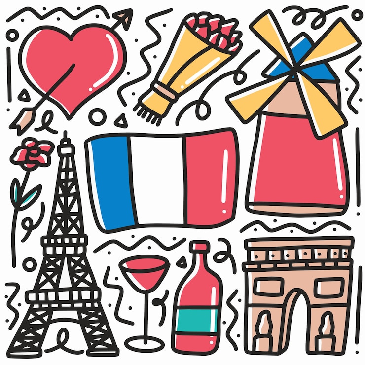 Vacanza di parigi di doodle disegnato a mano con icone ed elementi di design