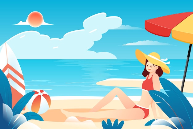 Vacanze estive al mare con spiaggia e piante sullo sfondo illustrazione vettoriale