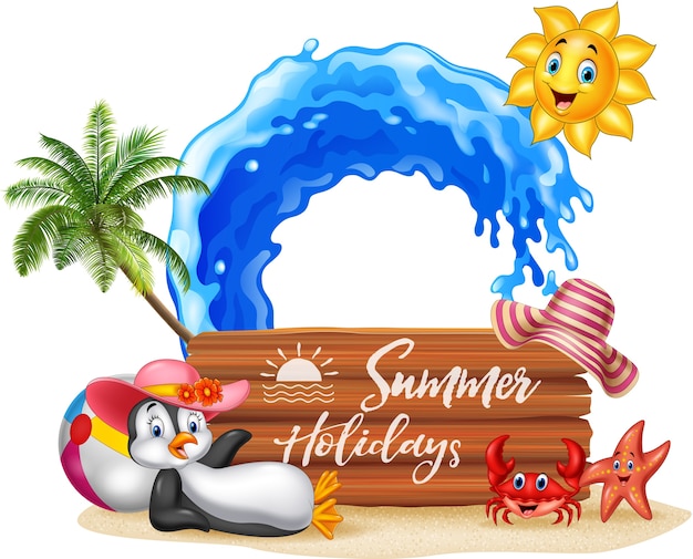 Vacanze estive con cartello in legno e animali divertenti