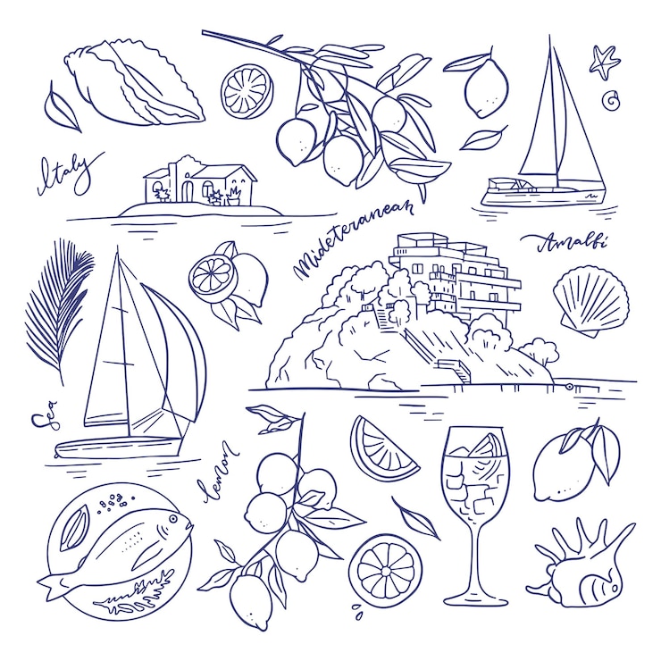 Vettore vacanze estive mediterranee elementi di stile schizzo set disegnato a mano inchiostro vintage costa italiana mare o