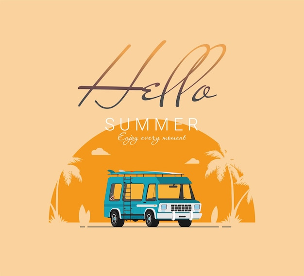 Vacanze estive vector illustrationflat design spiaggia con auto e surf