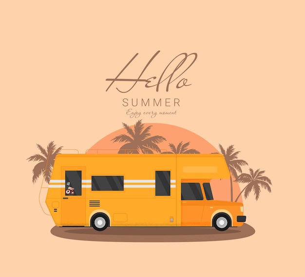 Vacanze estive vector illustrationflat design spiaggia con auto e surf