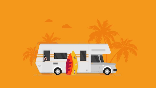Vacanze estive vector illustrationflat design spiaggia con auto e surf