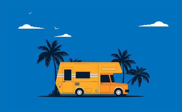 Vacanze estive vector illustrationflat design spiaggia con auto e surf
