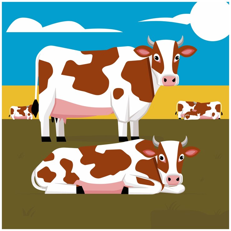 Vettore vacca carina adesivo per i social network elemento grafico per il sito web animali mammiferi fauna e natura agricoltura e agricoltura giocattolo e mascotte per bambini illustrazione vettoriale piatta di cartoni animati