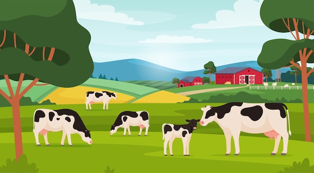 Vacche che pascolano nel campo Animali domestici del villaggio Fattoria di produzione di latte Illustrazione vettoriale
