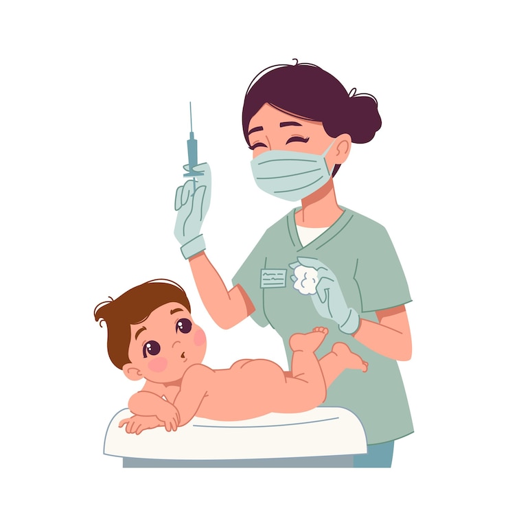 Vaccinazione di un neonato Neonato e medico o infermiere in possesso di una siringa con un vaccino