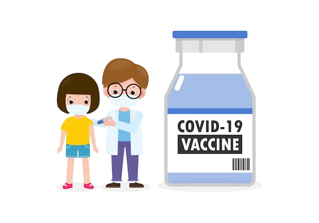 Vaccino Covid19 o coronavirusVaccinazione per bambini con pediatra che tiene la siringaMedico tenere una vaccinazione per iniezione prevenzione dei bambini e immunizzazionebambino che indossa maschere mediche per prevenire le malattie
