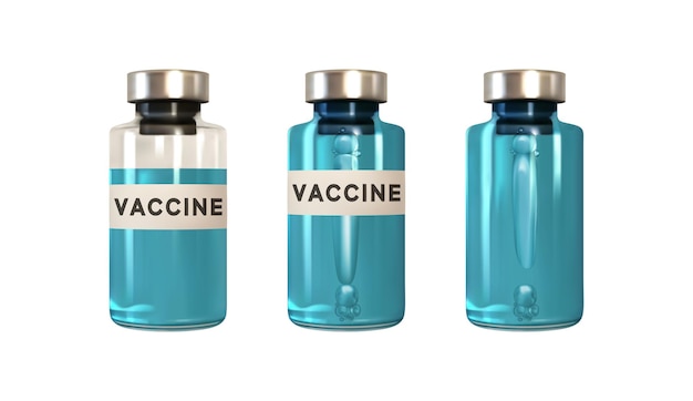 Vaccino da virus. Bottiglia di vaccini isolata. Impostare fiale di vetro 3d realistiche con la medicina. illustrazione vettoriale