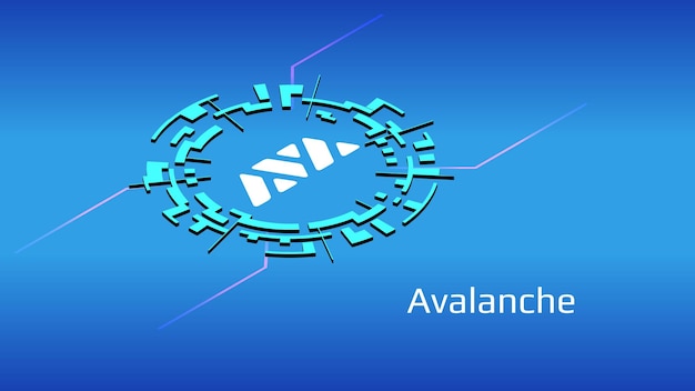 Valanga AVAX token isometrico simbolo del progetto DeFi in cerchio digitale su sfondo blu Icona della moneta di criptovaluta Programmi di finanza decentralizzata Illustrazione vettoriale