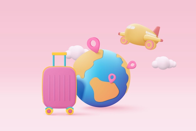 Valigetta 3D con passaporto d'identità e volo viaggio in aereo pianificazione di viaggio turistico pianificazione di viaggi in aereo turismo tour del mondo con borsa da viaggio in vacanza concetto estivo illustrazione di rendering vettoriale di icone 3D