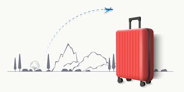 Valigetta rossa in stile 3D con diversi elementi di viaggio