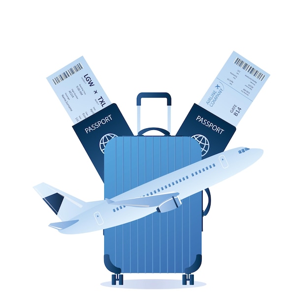 Valigia grande e due passaporti con biglietti per la carta d'imbarco aereo moderno decollareconcetto di viaggio