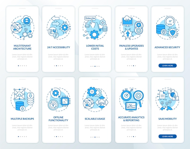 Vantaggi del software come servizio durante l'onboarding della schermata della pagina dell'app mobile con i concetti impostati. Aggiornamenti, istruzioni grafiche di passaggi di procedura dettagliata. Modello di interfaccia utente con illustrazioni a colori RGB