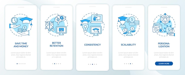 Vantaggi della schermata dell'app mobile di onboarding blu elearning. Procedura dettagliata in 5 passaggi pagine di istruzioni grafiche con concetti lineari. UI, UX, modello GUI. Miriadi di caratteri Pro-Bold, normali utilizzati