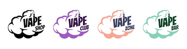 Vape shop in stile fumetto vintage logo set hipster cartoon vaporizzatore nuvola di fumo con scritte