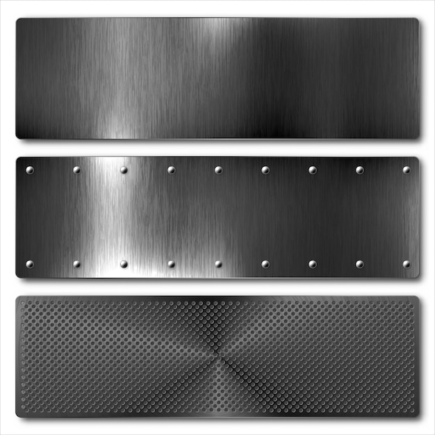 Vari banner metallici neri realistici collezione di pannelli in acciaio o alluminio spazzolato con viti