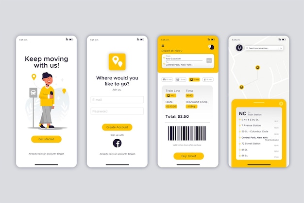 Vari schermi per l'app mobile per il trasporto pubblico giallo