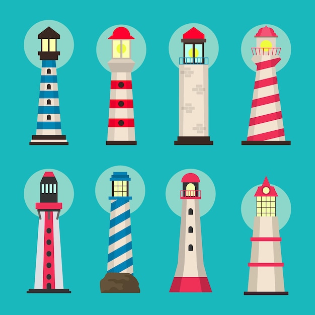 Varia illustrazione di navigazione di architettura della costruzione della torre del faro con stile piano