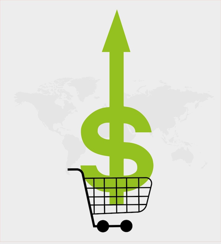 Vettore variazioni di dollari e prezzi alimentari. il dollaro sale e scende. aumento dei prezzi degli alimenti e delle materie prime. vettore