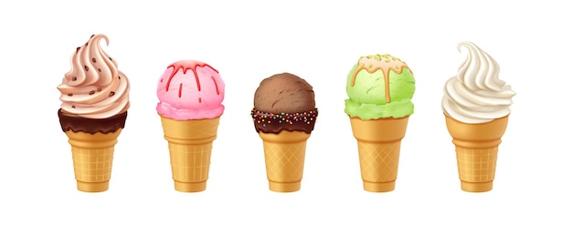 Varietà di coni di gelato con disegni colorati
