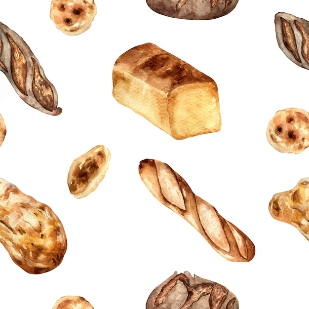 Varietà di pane acquerello modello senza cuciture isolato su bianco pane di segale disegnato a mano per panetteria pitta ciabatta dipinta illustrazione di baguette Elemento per il design del negozio di panetteria commercio di pacchetti
