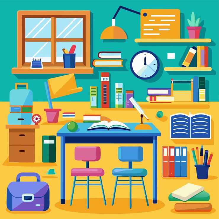 Vettore varietà di rifornimenti scolastici essenziali