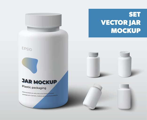 Vasetti di plastica vettoriale mockup con tappo a vite, flaconi per pillole bianchi, vitamina, per la presentazione del design. Modello di imballaggio vuoto pubblicitario per farmacia. Può impostare, con ombre realistiche isolate su sfondo