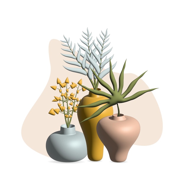 Vasi in ceramica alla moda con illustrazione 3D di piante