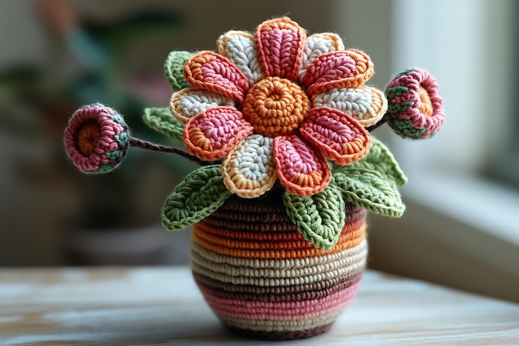 Vettore vaso con fiori colorati cuciti a maglia da lana hobby e svago decorazione di cucito artigianale ucraino