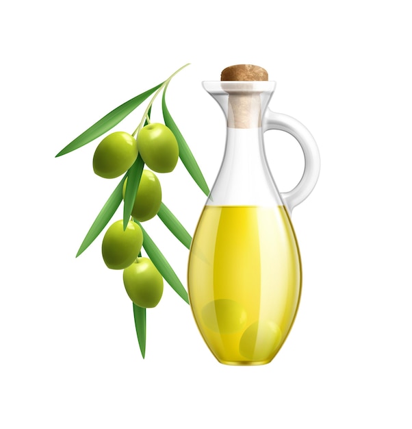 Vaso di vetro realistico di olio d'oliva e illustrazione vettoriale del ramo