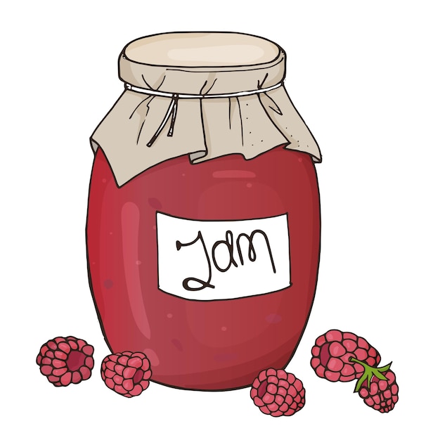 Vaso disegnato a mano di marmellata di ciliegie e ciliegie fresche
