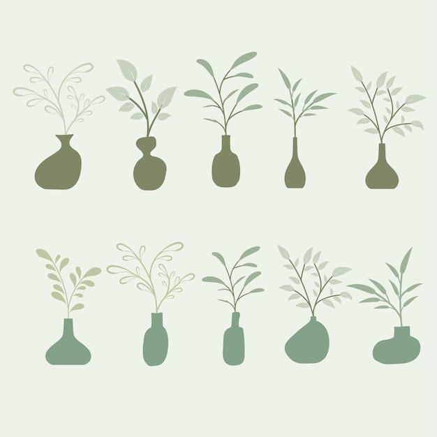 Vaso e foglie colore verde Vaso stile piatto dal design minimale