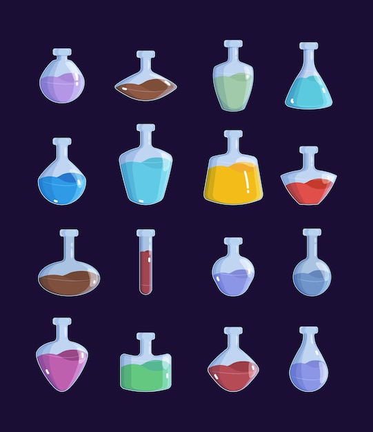 Vaso per pozioni. Set di immagini vettoriali di oggetti di design del gioco di bottiglie magiche di stregoneria. Elisir di illustrazione e pozione per il gioco, bottiglia antidot