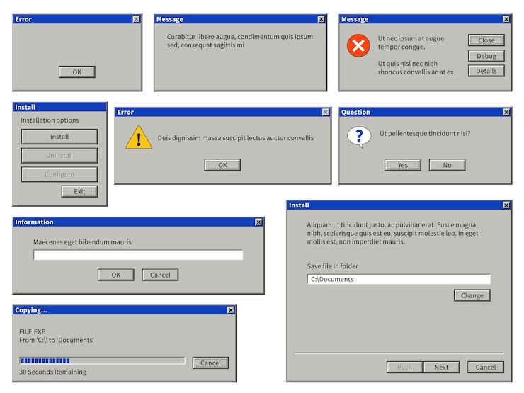 Vettore vecchia finestra dell'interfaccia utente. finestra di dialogo browser retrò computer con pulsanti. messaggi di sistema di avviso popup modelli di messaggi di errore