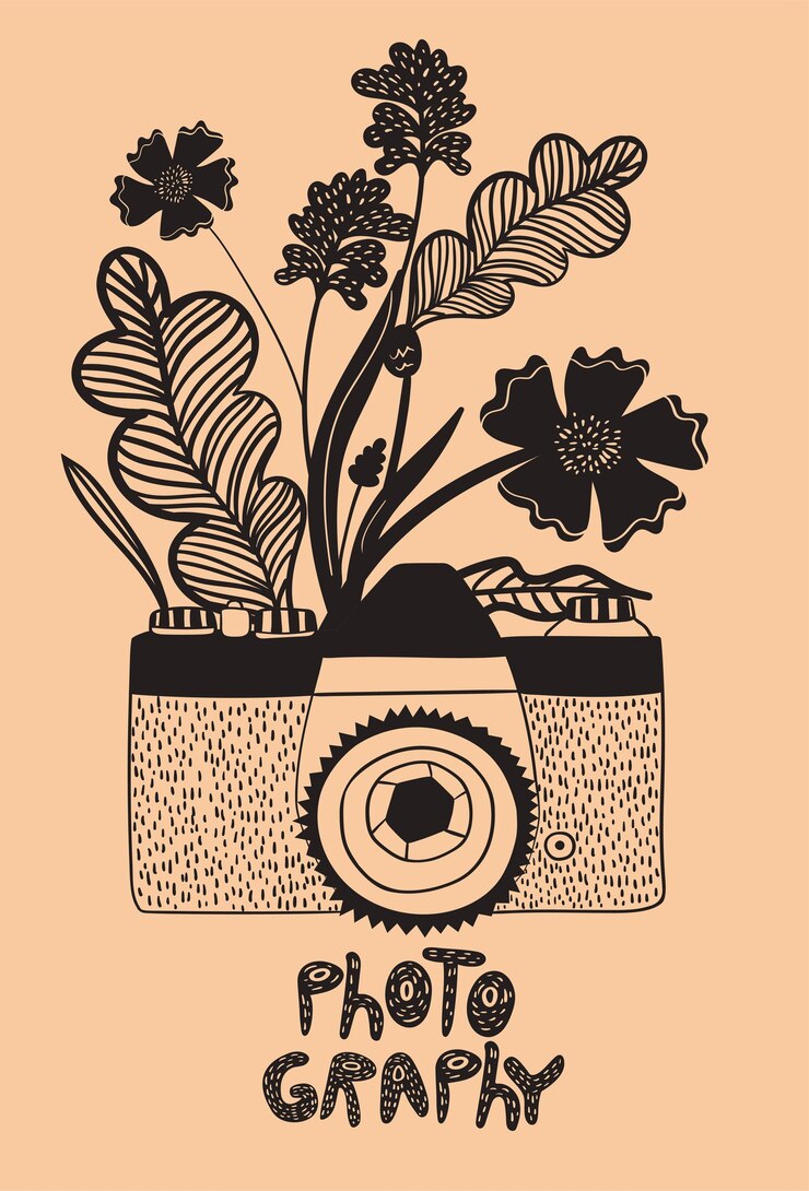 Vettore vecchia macchina fotografica in stile doodle con fiori. .