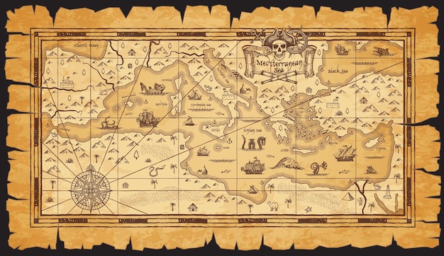 Vecchia mappa d'epoca antica del Mar Mediterraneo