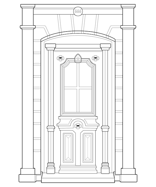 Vecchia porta linea arte vettoriale Vecchia porta isolata su sfondo bianco vecchia porta in stile arte linea vettore per libro da colorare