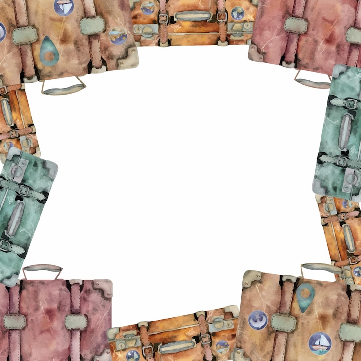 Vettore vecchie valigie in pelle retro vintage bagaglio bagaglio acquerello illustrazione disegnata a mano confine quadrato