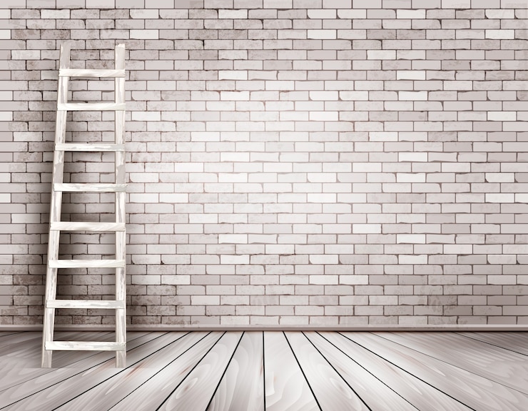 Vettore vecchio fondo bianco del muro di mattoni con la scala di legno.
