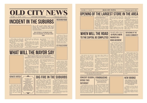 Vecchio giornale vintage con pagine di notizie sulla città