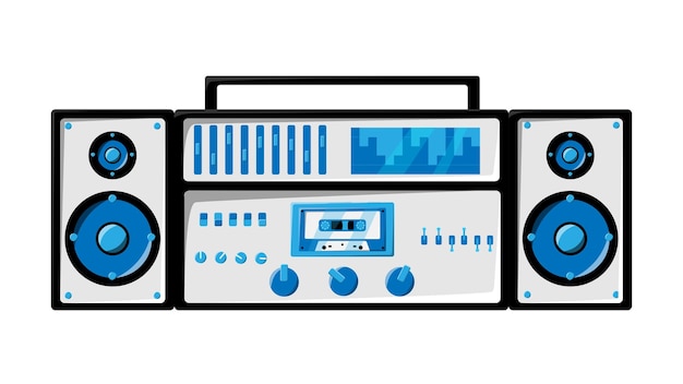 Vecchio registratore a cassette di musica vintage bianco retrò con nastro magnetico su bobine e altoparlanti