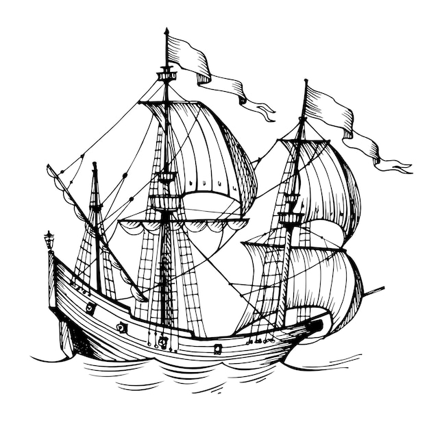 Vecchio schizzo di vettore disegnato a mano della caravella della barca a vela dell'annata