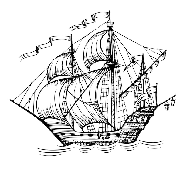 Vecchio schizzo di vettore disegnato a mano della caravella della barca a vela dell'annata