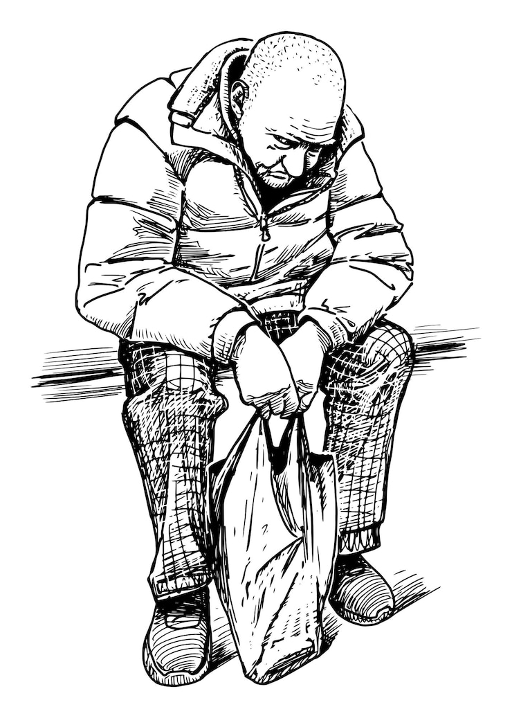 Vettore vecchio solo anziano calvo anziano seduto stanco triste riposante schizzo realistico vettore scarabocchiato a mano