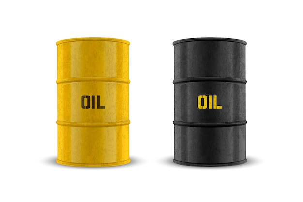 Vector 3d barili giallo e nero acciaio semplice metallo lucido barile smaltato con olio set carburante benzina barile icona set modello di progettazione isolato di imballaggio per mockup vista frontale