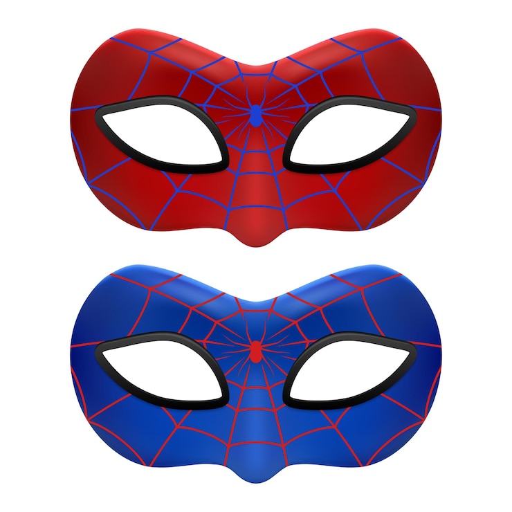 Vettore vector 3d reaistic superhero spider mask icon set isolated vector super hero face carnival maschera rossa e blu con spider web e spider closeup halloween party concept