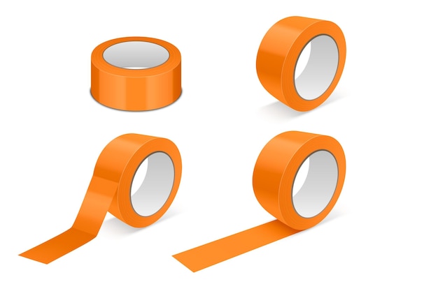 Vector 3d Realistic Glossy Orange Tape Roll Icon Set Mockup Closeup Isolato su sfondo bianco Modello di progettazione di imballaggio Sticky Tape Roll o nastro adesivo per Mockup Front View