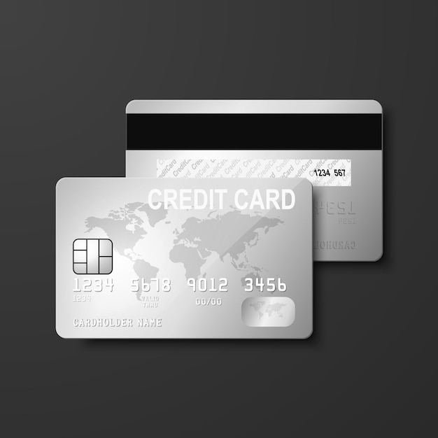 Vector 3d Realistic Grey Silver Credit Card Design Template di carta di credito o di debito in plastica per Mockup Branding Concetto di pagamento della carta di credito Vista anteriore e posteriore